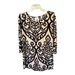 Cezanne Tan & Black Paisley Tunic Top with Dolman Sleeves Boho Hippie Chic Retro
